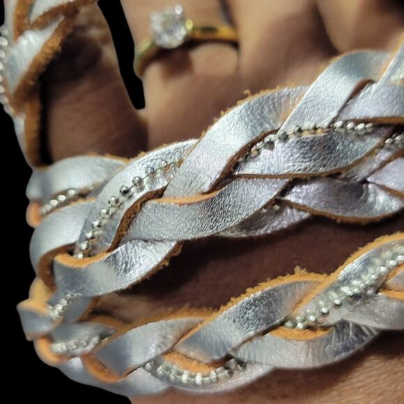 Banana Republic Silver Braided Skinny Belt Leather Metallic Embellished One Size - Picture 10 of 13